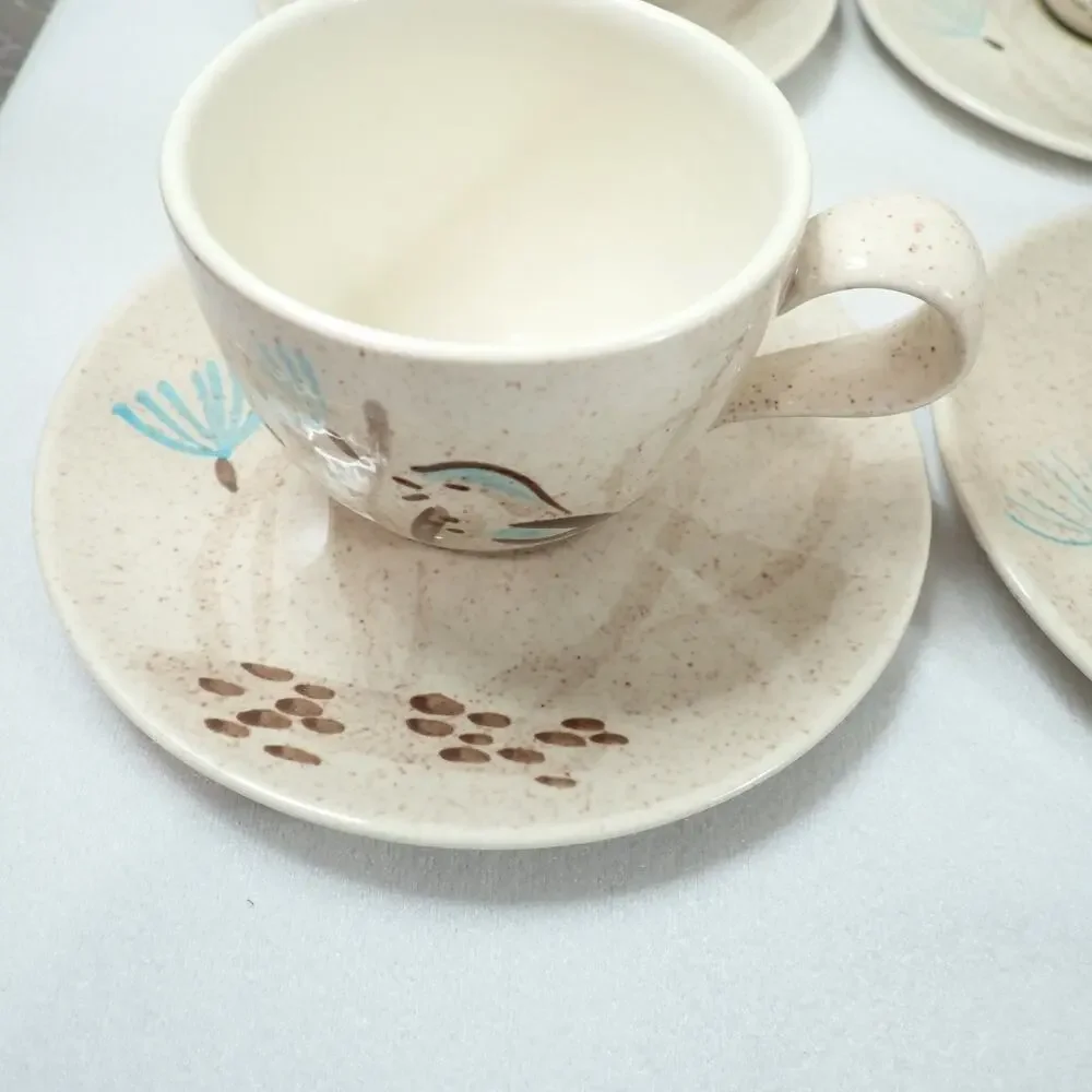 Red Wing Bob White Quail 10 Cup Saucer Sets MCM Hand Painted Pottery Vintage